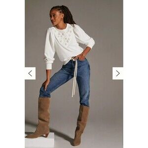 Anthropologie Cream Floral Embroidered Puff Sleeve Sweatshirt Size XL